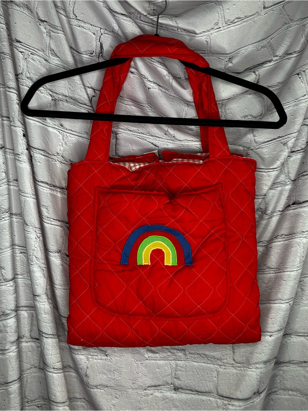 Vtg Retro Red Rainbow Quilt Fold-Up Diaper Change Play Baby Blanket Tote Bag